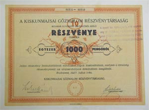 Kiskunmajsai Gőzmalom Részvénytársaság részvény 10x100 1000 pengő 1927