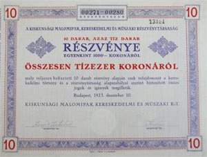 Kiskunsági Malomipar, Kereskedelmi és Műszaki Részvénytársaság részvény 10x1000 10000 korona 1923