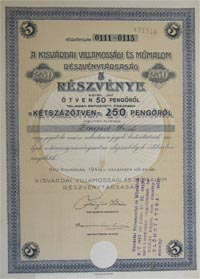 Kisvárdai Villamossági és Műmalom Részvénytársaság részvény 5x50 250 pengő 1941 Kisvárda