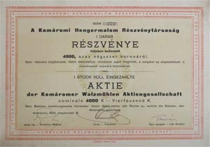 Komáromi Hengermalom Részvénytársaság részvény 4000 korona 1923 Komárom