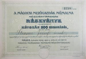 Mágocsi Mezőgazdák Műmalma Részvénytársaság részvény 200 korona 1914 Mágocs