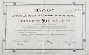 Orosháza-Monori Hengermalom Részvénytársaság részvény 50 korona 1912