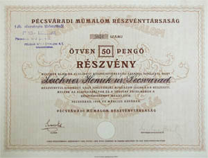 Pécsváradi Műmalom Részvénytársaság részvény 50 pengő 1926 Pécsvárad