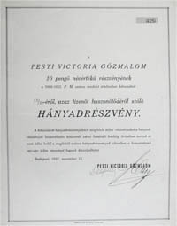 Pesti Victoria Gőzmalom Részvénytársaság 15/25 hányadrészvény 1927