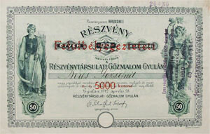 Részvénytársulati Gőzmalom Gyulán részvény 50 korona 1912