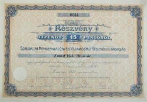 Somorjai Hengermalom és Villamosmű Részvénytársaság részvény 15 pengő 1942 Somorja