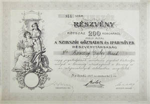 Szikszói Gőzmalom és Iparművek Részvénytársaság részvény 200 korona 1907 Szikszó