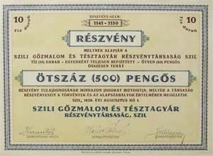Szili Gőzmalom és Tésztagyár Részvénytársaság Szil részvény 500 pengő 1929
