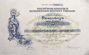 Tiszafüredi Kefegyár és Hengermalom Részvénytársaság részvény 100 korona 1907