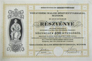 Tiszavidéki Malom Részvénytársaság részvény 10x40 400 pengő 1927 Mándok