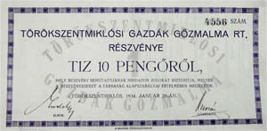 Törökszentmiklósi Gazdák Gőzmalma Részvénytársaság részvény 10 pengő 1934 Törökszentmiklós