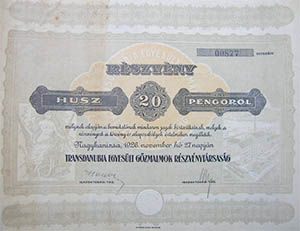 Transdanubia Egyesült Gőzmalmok Részvénytársaság részvény 20 pengő 1926 Nagykanizsa