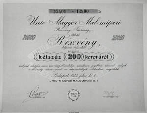 Unió Magyar Malomipari Részvénytársaság részvény 100x200 20000 korona 1922