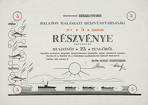 Balaton Halászati Részvénytársaság részvény 25 pengő 1939 Siófok