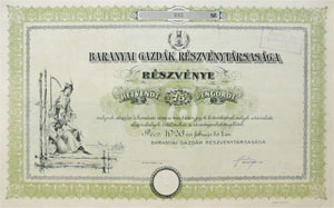 Baranyai Gazdák Részvénytársasága részvény 75 pengő 1926 Pécs