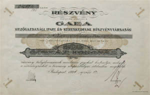 Gaea Mezőgazdasági, Ipari és Kereskedelmi Részvénytársaság részvény 500 korona 1921