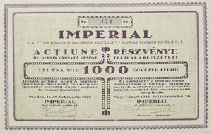 Imperial Paprika Termelő és Őrlő Részvénytársaság részvény 1000 lei 1928 Nagyvárad