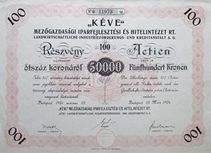 KÉVE Mezőgazdasági Iparfejlesztési- és Hitelintézet Részvénytársaság részvény 100x500 50000 korona 1924