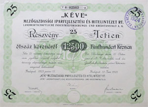 KÉVE Mezőgazdasági Iparfejlesztési- és Hitelintézet Részvénytársaság részvény 25x500 12500 korona 1923