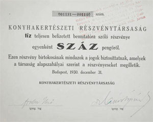 Konyhakertészeti Részvénytársaság 10 x 100 pengő 1930