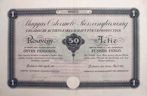Magyar Őstermelő Részvénytársaság részvény 50 pengő 1926