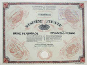 Magyar-Német Mezőgazdasági Részvénytársaság részvény 20 pengő 1927
