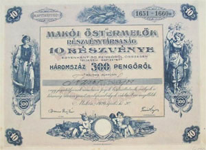 Makói Őstermelők Részvénytársaság részvény 10 x 30 pengő 1926