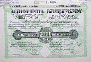 Mezőgazdák Kereskedelmi Részvénytársaság részvény 10x300 3000 lei 1923 Arad