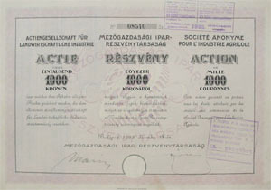 Mezőgazdasági Ipar Részvénytársaság 1000 korona 1922