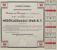 Mezőgazdasági Ipar Részvénytársaság részvényelismervény 10 x 15 pengő 1946