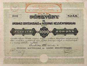 Orosházi Sertéshizlaló és Húsipari Részvénytársaság részvény 1000 korona 1920 Orosháza