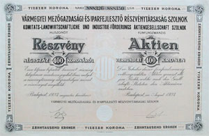ármegyei Mezőgazdasági és Iparfejlesztési Részvénytársaság Szolnok részvény 25x400 korona 1923