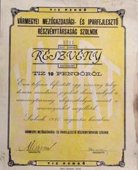 Vármegyei Mezőgazdasági és Iparfejlesztési Részvénytársaság Szolnok részvény 10 pengő 1927