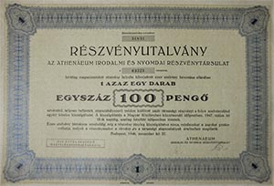 Athenaeum Irodalmi és Nyomdai Részvénytársaság részvényutalvány 100 pengő 1946