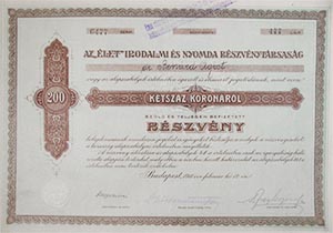 Az Élet Irodalmi és Nyomda Részvénytársaság részvény 200 korona 1911