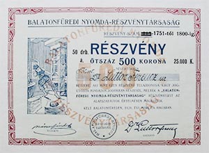 Balatonfüredi Nyomda Részvénytársaság részvény 50x500 2500 korona 1920