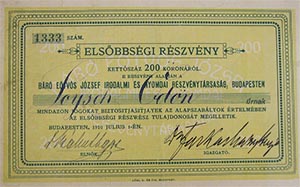 Báró Eötvös József Irodalmi és Nyomdai Részvénytársaság elsőbbségi részvény 200 korona 1910