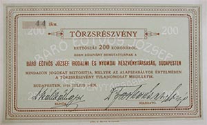 Báró Eötvös József Irodalmi és Nyomdai Részvénytársaság törzsrészvény 200 korona 1910