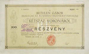 Bethlen Gábor Irodalmi és Nyomdai Részvénytársaság részvény 200 korona 1918