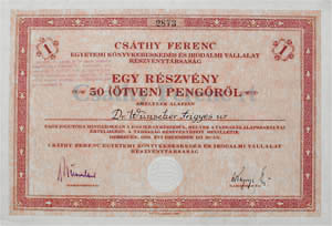 Csáthy Ferenc Egyetemi Könyvkereskedés és Irodalmi Vállalat Részvénytársaság részvény 50 pengő 1931