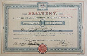Dobó István Nyomda Részvénytársaság részvény 1000 korona 1909 Eger