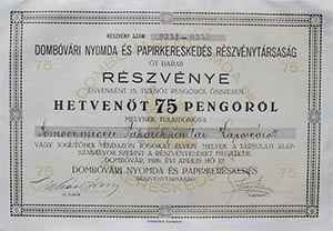 Dombóvári Nyomda és Papírkereskedés Részvénytársaság részvény 5x15 75 pengő 1926