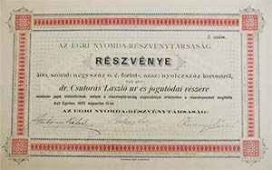 gri Nyomda Részvénytársaság részvény 400 forint 800 korona 1893 Eger