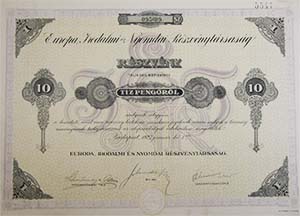Európa Irodalmi és Nyomdai Részvénytársaság részvény 10 pengő 1927
