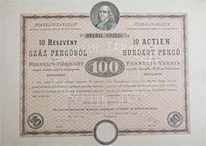 Franklin-Társulat Magyar Irodalmi Intézet és Könyvnyomda részvény 10x10 100 pengő 1926