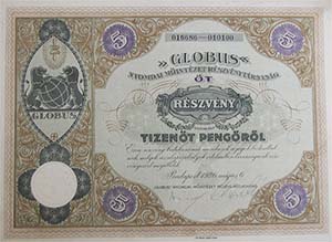 Globus Nyomdai Műintézet Részvénytársaság részvény 5x15 75 pengő 1926