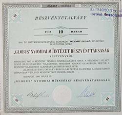 Globus Nyomdai Műintézet Részvénytársaság részvényutalvány 10x15 150 pengő 1946