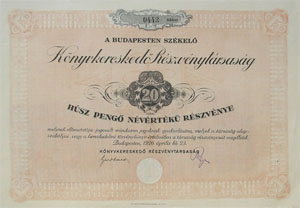 Könyvkereskedő Részvénytársaság részvény 20 pengő 1926