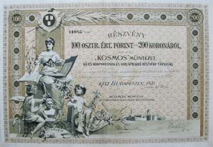 Kosmos Műintézet Kő- és Könyvnyomda és Hírlapkiadó  Részvénytársaság részvény 100 forint 200 korona 1895
