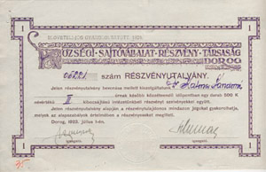 Községi Sajtóvállalat Részvénytársaság részvényutalvány 500 korona 1923 Dorog